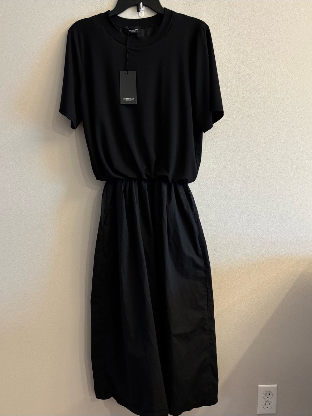 Vanessa Zani Made in Italy Classic Black Short-Sleeve Midi Dress Large NEW